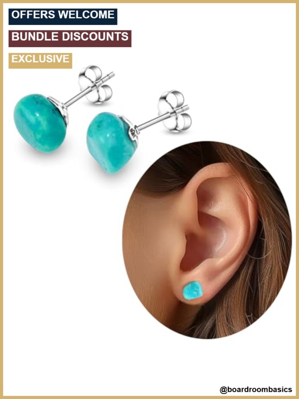 Handmade Stainless Steel Turquoise Stud Earrings for Sensitive Ears